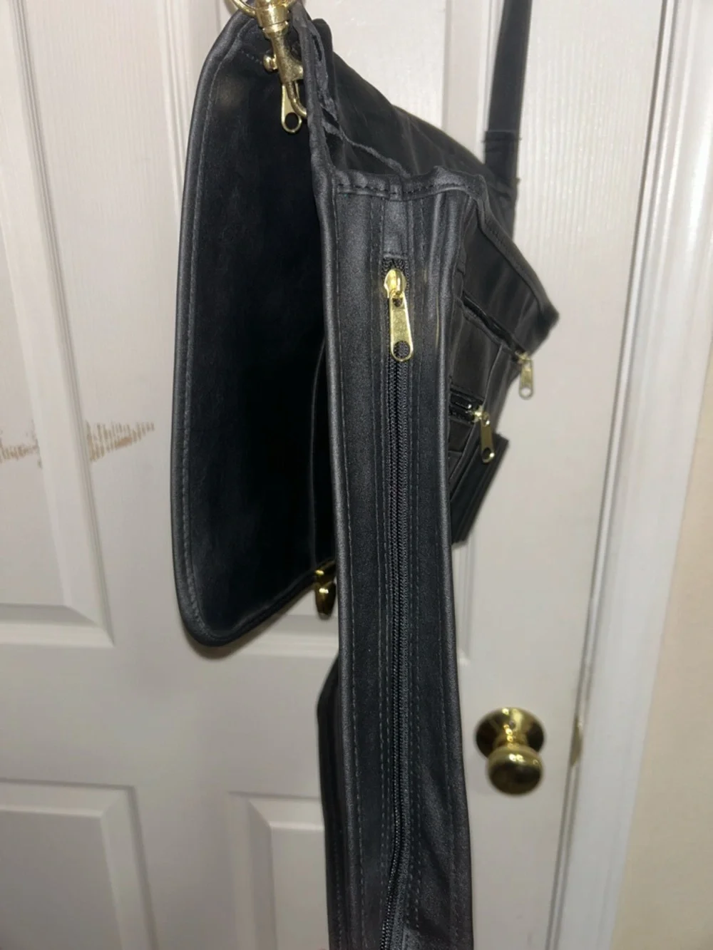 Black Leather Briefcase Bag with Gold Hardware